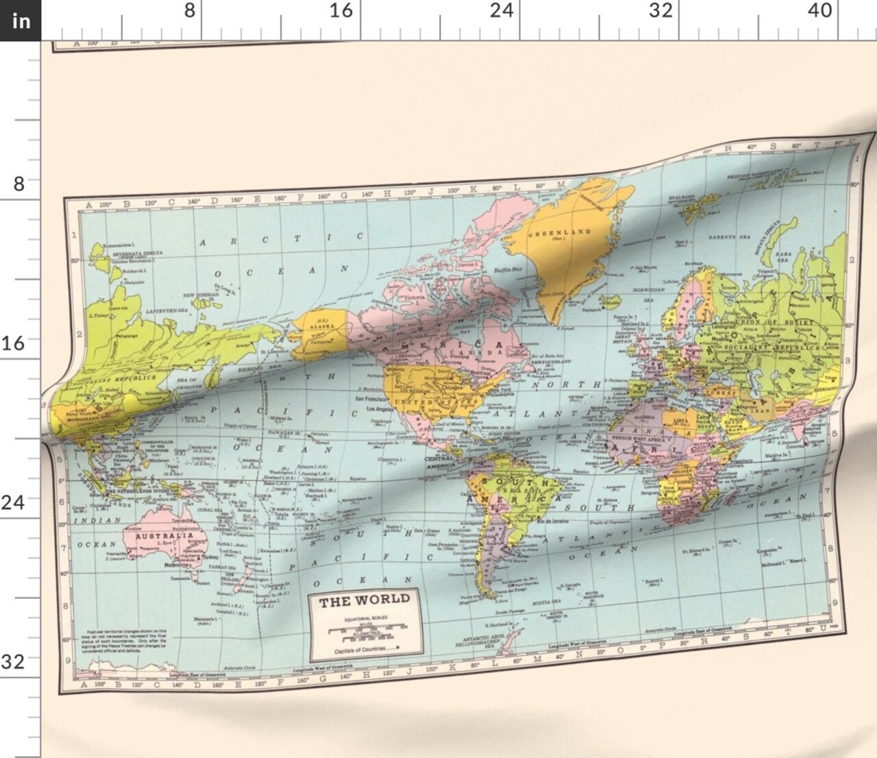 World Map Vintage Colorful Custom Printed Fabric by Spoonflower Various Fabrics by the Yard or Fat Quarter